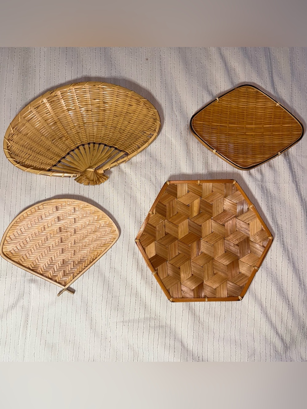 Vintage Bamboo Woven Decorative Wall Trays/Fans Set of 4 Boho Decor Gallery Wall